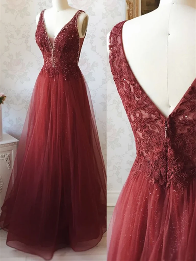 A Line V Neck Tulle Lace Long Prom Dresses Long Formal Evening Dresses